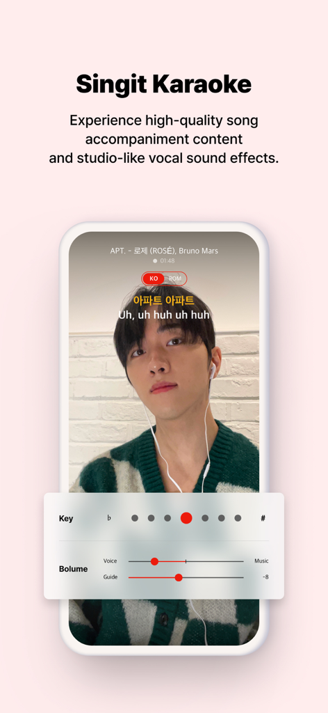 Singit : Online Karaoke, KPOP - Mobile screen showing a user recording a K-Pop song on Singit Karaoke with vocal studio effects and volume controls.