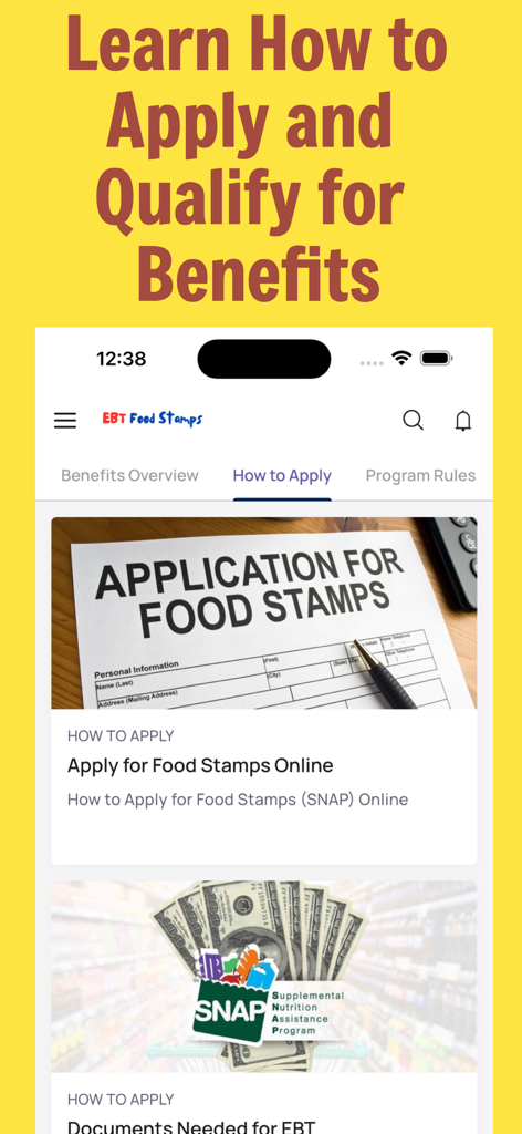 Una pantalla de la aplicación EBT Food Stamps SNAP Guide que muestra la sección sobre cómo solicitar beneficios en línea