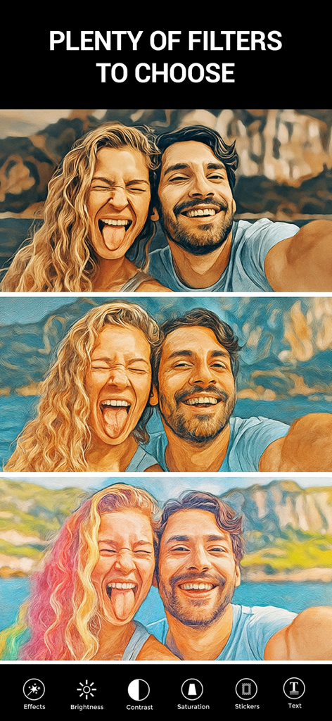 Photo To Cartoon Yourself Edit - Tres filtros diferentes de caricatura y pintura aplicados a una foto de una pareja sonriente.