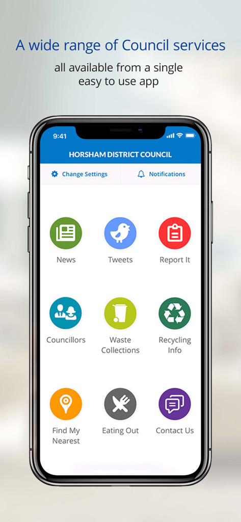 Horsham District Council mobile app home screen showing icons for waste collections, reporting incidents, and local news.