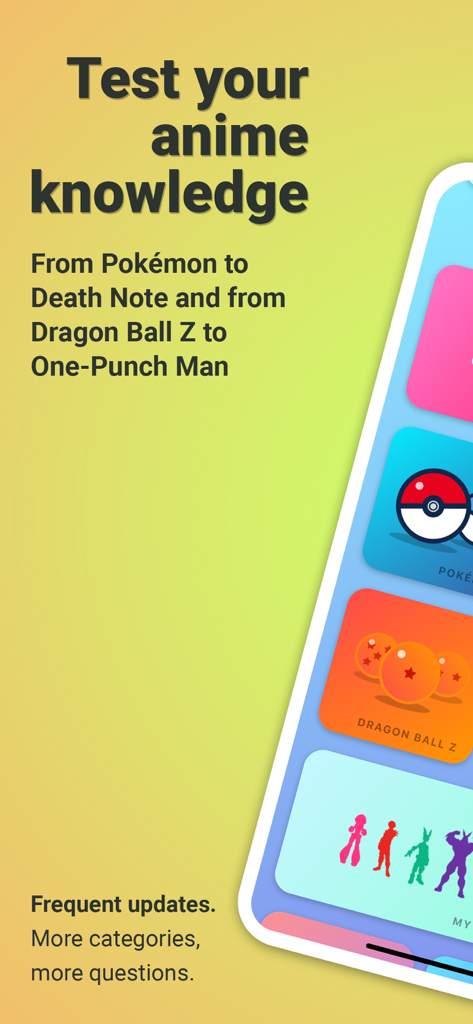 Anime Trivia - Pantalla que muestra categorías de juegos de Trivia de Anime como Pokémon y Dragon Ball Z.