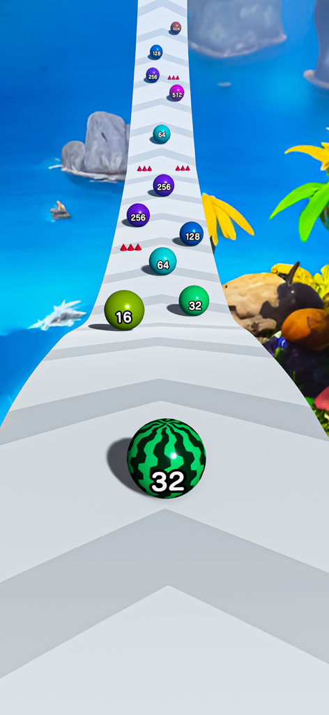 Ball Run :number master 2048 - Una bola numerada rodando en una pista blanca hacia otras bolas en un entorno de playa tropical.