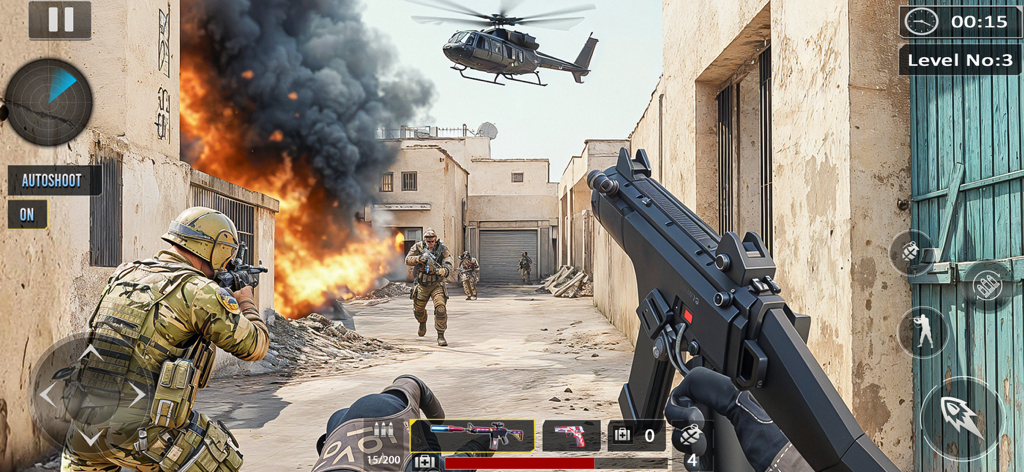 FPS Fire: Battle Royale Games - Jugabilidad en primera persona de FPS Fire que muestra una escena de combate urbano con una explosión y un helicóptero.