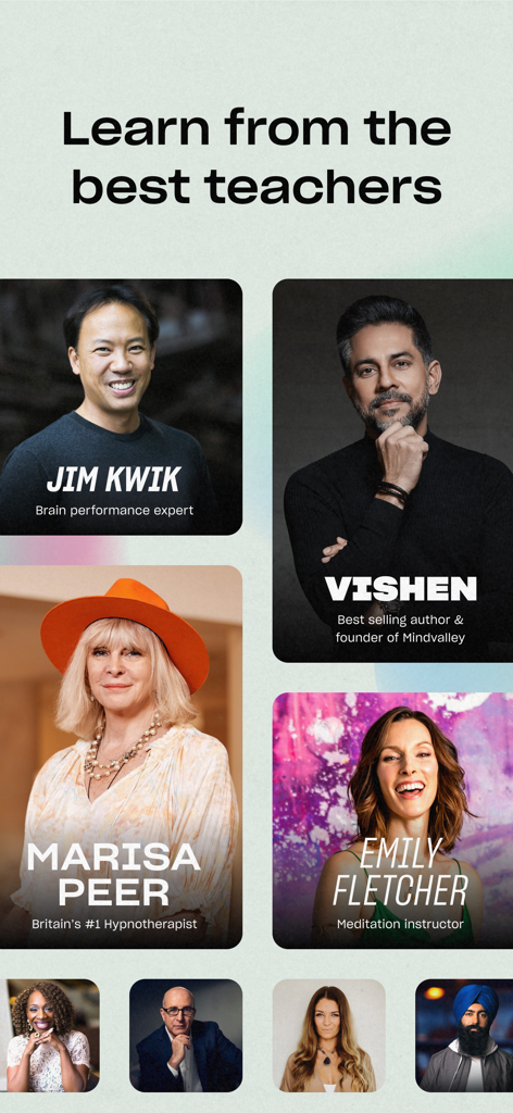 Mindvalley app screen showcasing world class teachers and experts for self improvement