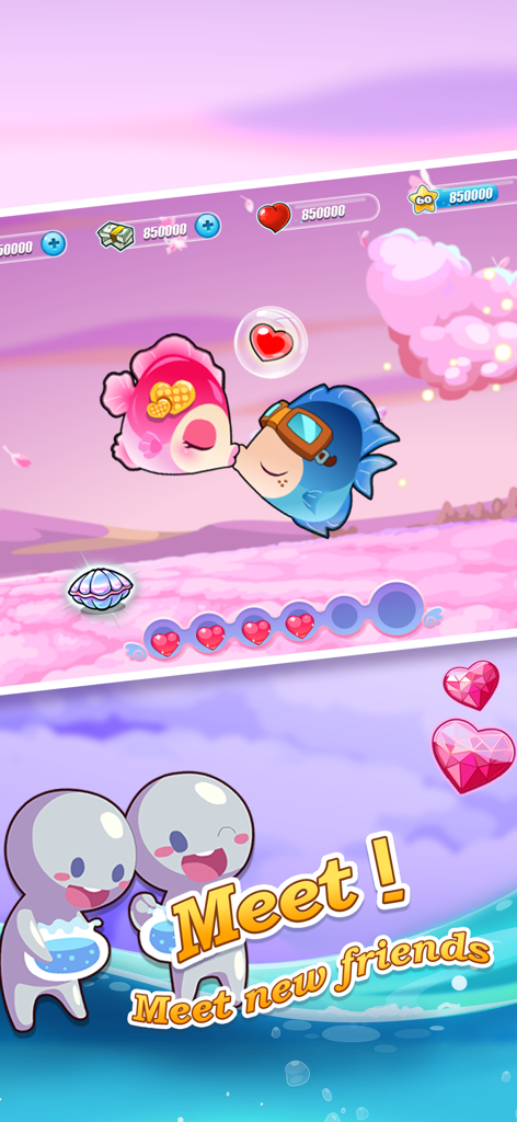 Happy Fish + - Two cute cartoon fish kissing in a pink underwater scene with the text Meet new friends.
