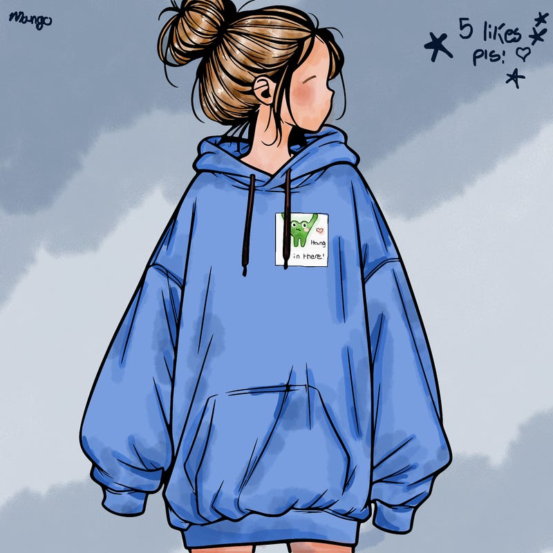 realistic girl with a oversized sweatshirt on and a bun