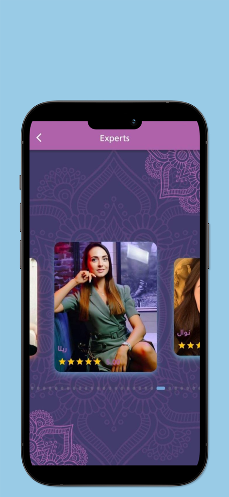 Manarati | منارتي - Manarati app interface showing a list of lifestyle expert profiles with star ratings