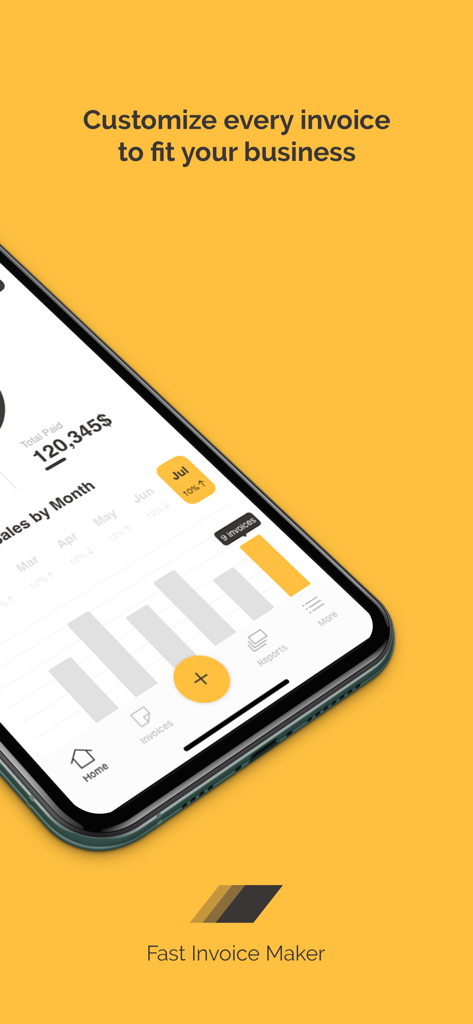 Fast Invoice Makerアプリの月間売上ダッシュボードとレポート。