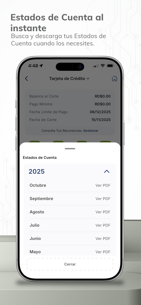 BDI APP - Pantalla de la aplicación móvil de BDI mostrando una lista de estados de cuenta mensuales disponibles para descargar en PDF.