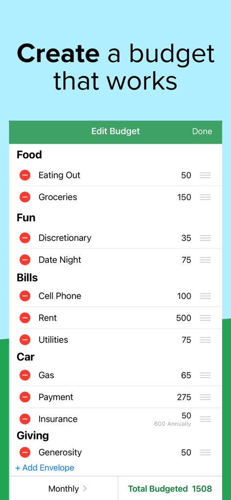 Interface of the Goodbudget app showing various budget envelopes like rent groceries and utilities with their monthly amounts