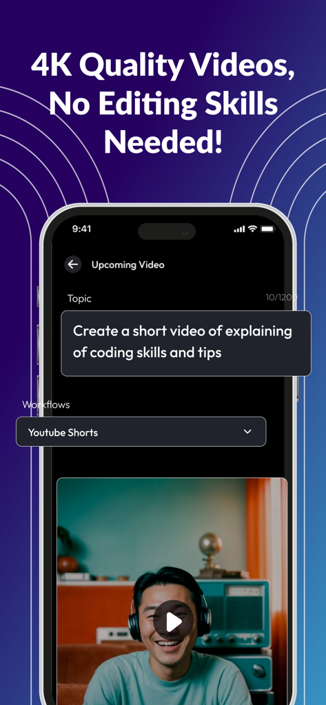 Text to Video AI Generator - Mobile app interface showing a text prompt being converted into a YouTube Shorts video with AI