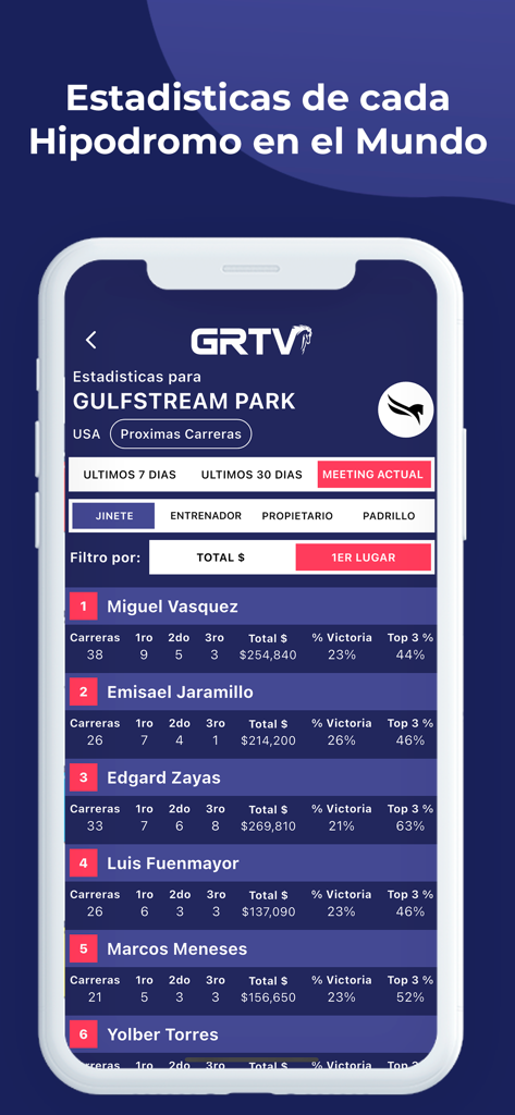 Mobile app interface of GRTV displaying detailed horse racing jockey statistics for Gulfstream Park in Spanish.