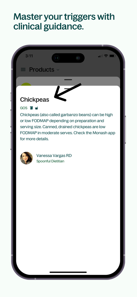 Spoonful: Food Scanner - Spoonful app screen showing clinical guidance from a registered dietitian about food triggers and FODMAP status