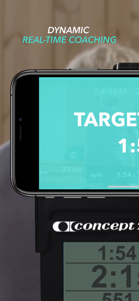 Smartphone displaying asensei rowing app with real time coaching data mounted on a Concept2 monitor