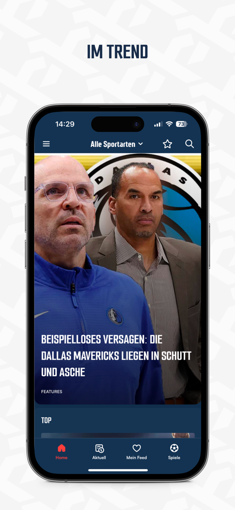 The SPOX mobile app interface displaying a trending news headline about the Dallas Mavericks NBA team in German.