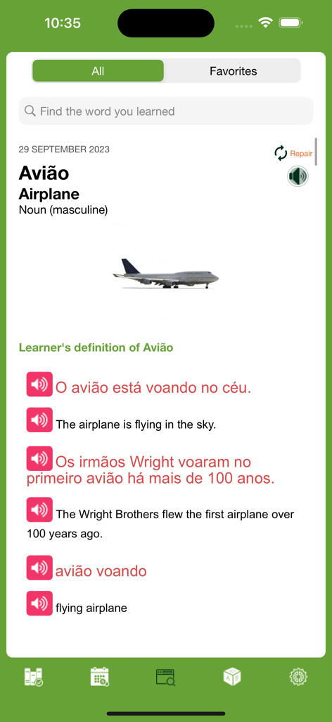 Brazil Word of the Day - Capture d'écran de l'application Brésil Mot du Jour montrant le mot portugais Avião pour avion avec traductions et phrases d'exemple
