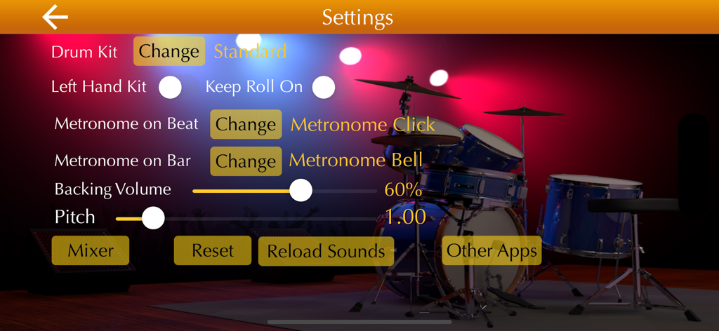Learn Drums - Drum Kit Beats - Customization settings menu for the Learn Drums simulator app showing drum kit and metronome options