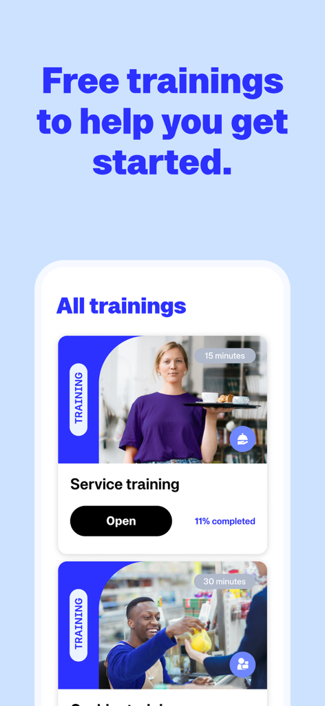Screenshot of the Zenjob app interface showing free online training modules for service and hospitality jobs.