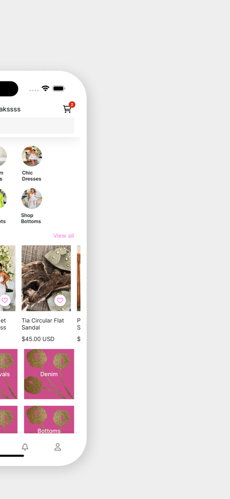 FashionFreakssss - Homepage dell'app mobile di shopping FashionFreakssss che mostra collezioni di abiti alla moda e sandali bassi