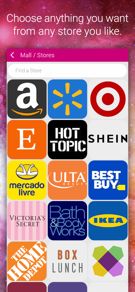 A grid of popular retail store logos in the Wishfinity app for creating a universal wishlist