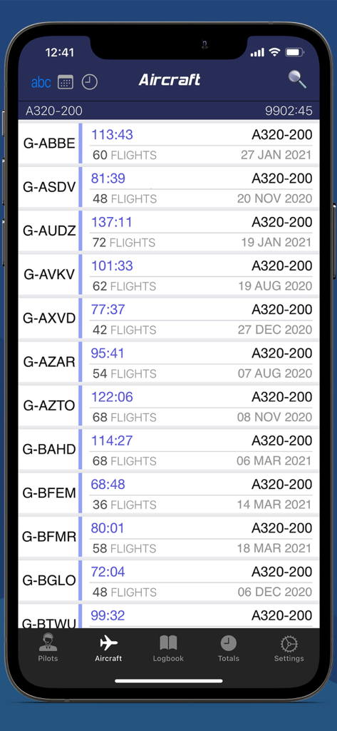 A list of aircraft registrations and total flight hours in the Swift Pilot Logbook app.