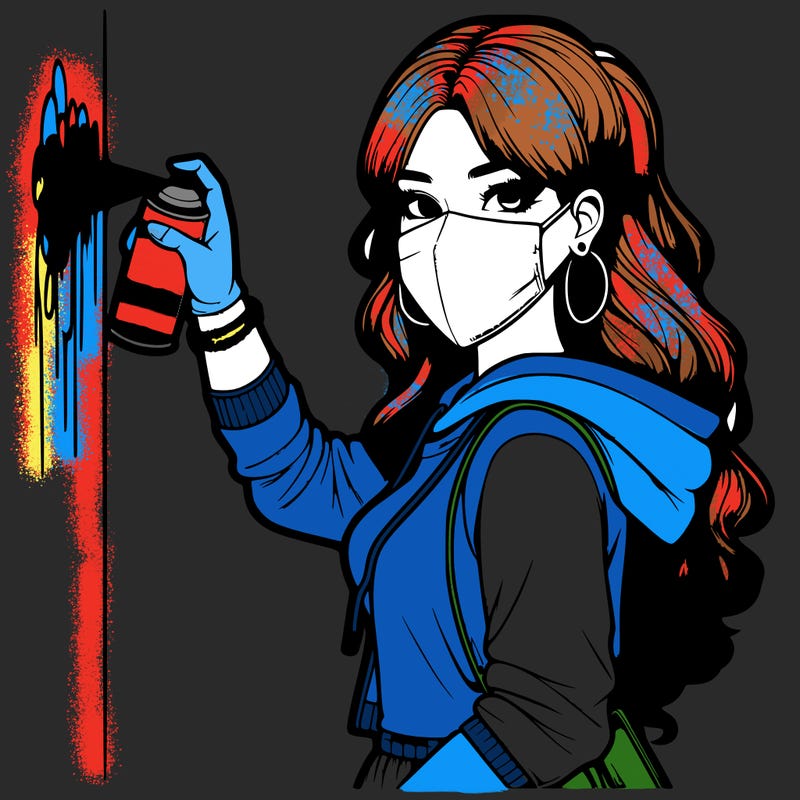 realistic girl with mask spray painting a wall