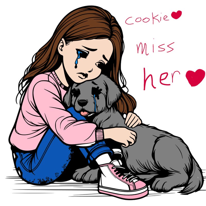 realistic girl crying with a realistic dog laying on her lap