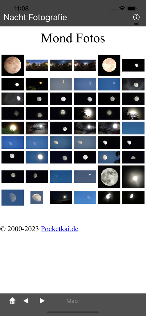 A grid of moon photos and night sky photography showcasing different phases and exposures within the Night-Photography app.