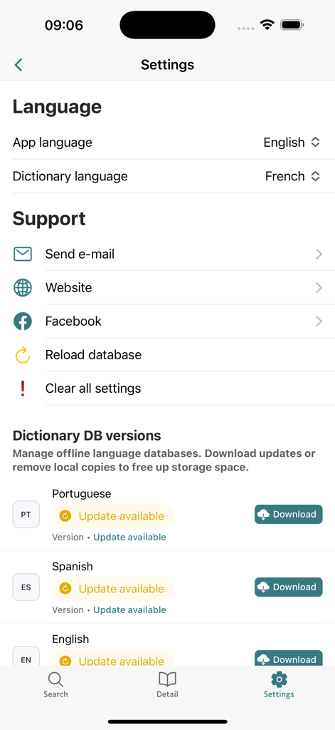 Pantalla de configuración de la aplicación de diccionario TAD que muestra la base de datos sin conexión y la configuración de idioma