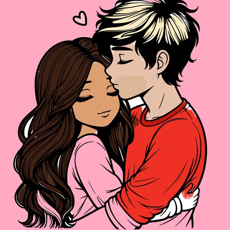 a realistic couple boy and girl hugging and kissing