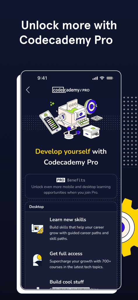 Promotion screen for Codecademy Pro showing benefits like guided career paths and full course access on mobile and desktop