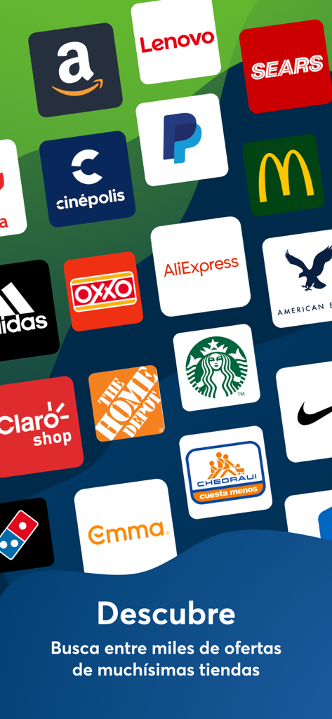 Collage de logotipos de marcas populares como Amazon Nike y Starbucks en la interfaz de la app PromoDescuentos con texto sobre el descubrimiento de ofertas.