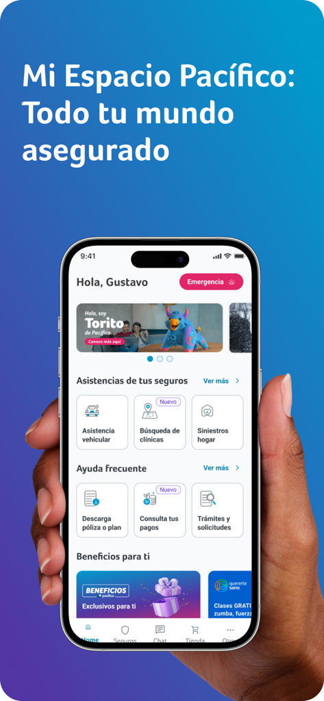 Mi Espacio Pacífico - A person holding a smartphone showing the home dashboard of the Mi Espacio Pacífico insurance app.