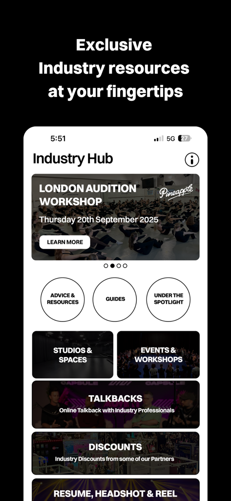 Industry Auditions - Schermata Industry Hub dell'app Industry Auditions con risorse per performer come workshop, talkback e sconti del settore.
