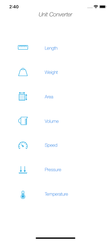 Hauptoberfläche der Einheitenumrechner-App mit Symbolen für Länge, Gewicht, Fläche, Volumen, Geschwindigkeit, Druck und Temperatur