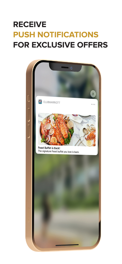 Un smartphone que muestra una notificación push de la aplicación Club Marriott para una oferta exclusiva de buffet de banquetes.