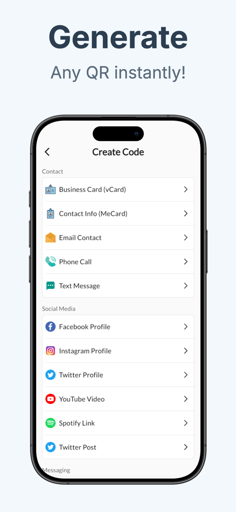 QRBot: Reader & Maker - Oberfläche der QRBot-App zeigt verschiedene Optionen zum Erstellen von QR-Codes für Kontakte und Social-Media-Plattformen