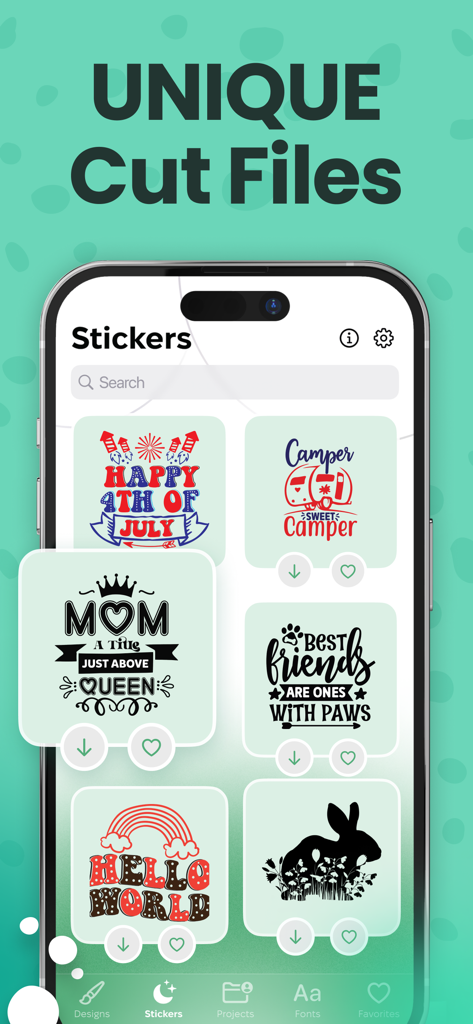 Sublimation Designer Tool - A mobile app screen displaying a gallery of unique cut files and stickers for DIY crafting projects including designs for mothers and holidays.