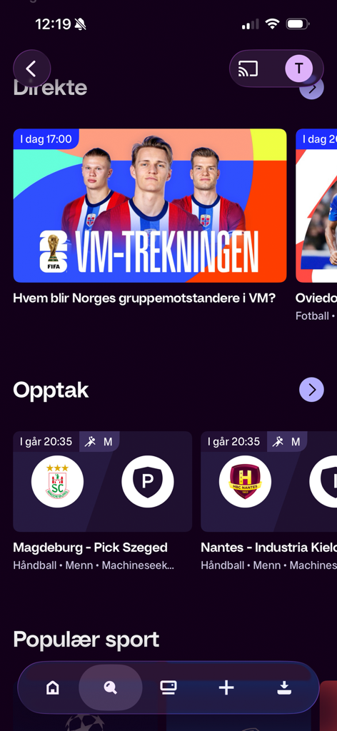 TV 2 Play - Interface of the TV 2 Play app featuring live sports coverage of the World Cup draw and handball match replays.