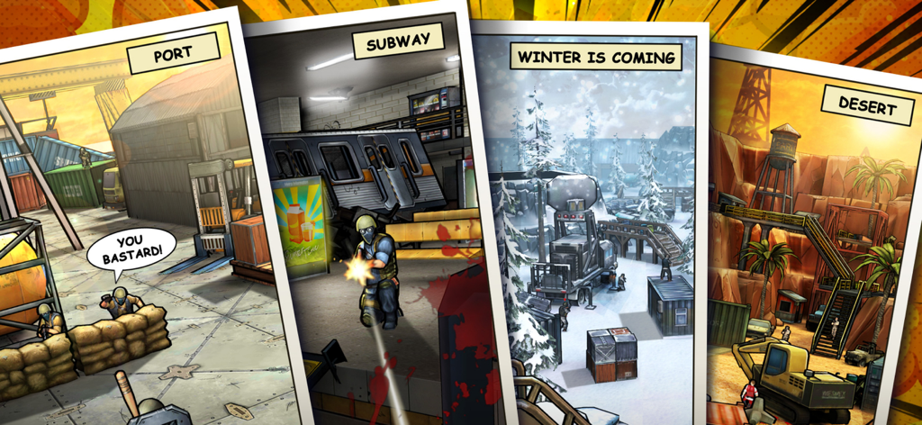 Gun 2 Shooting Game : FPS - Capturas de tela em estilo de arte de quadrinhos de locais de missão, incluindo Porto, Metrô, Inverno e Deserto no jogo FPS Major Gun