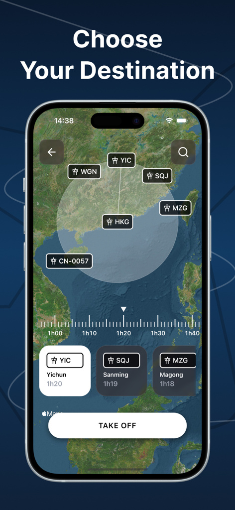Focus Study Timer - FlightMode - FlightMode 앱의 스크린샷으로, 집중 목적지와 비행 시간을 선택하는 지도를 보여줍니다.