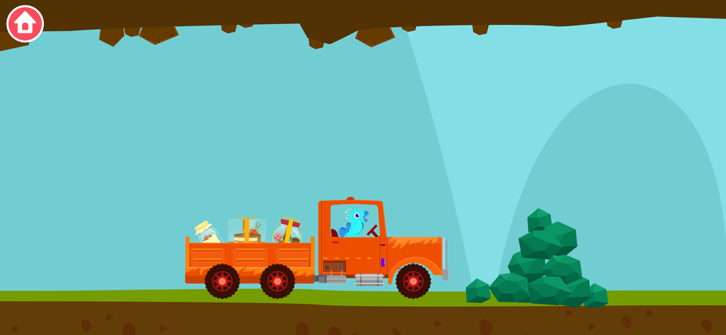 Ein blauer Dinosaurier fährt einen orangefarbenen LKW, beladen mit Gläsern und Kuchen, in eine Höhle in Richtung eines Haufens grüner Felsen.