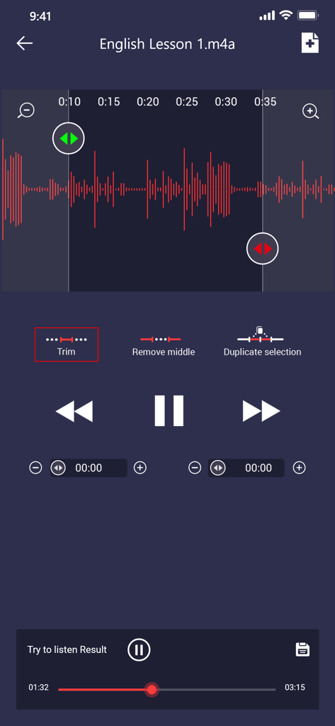 Voice recorder & editor Pro - Screenshot of Voice recorder and editor Pro showing the audio editing interface with a waveform and trim tool for an English lesson recording