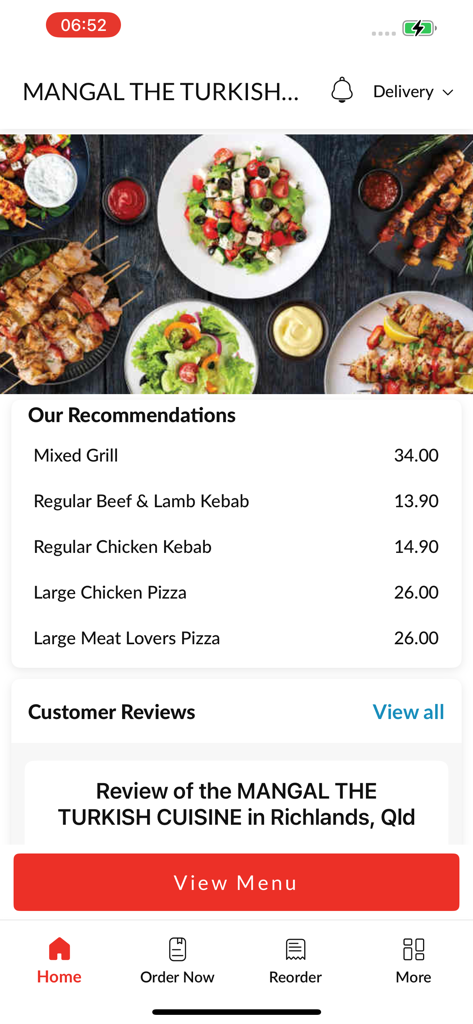 Tela inicial do aplicativo móvel Mangal Turkish Cuisine, apresentando recomendações de comida e opções de menu