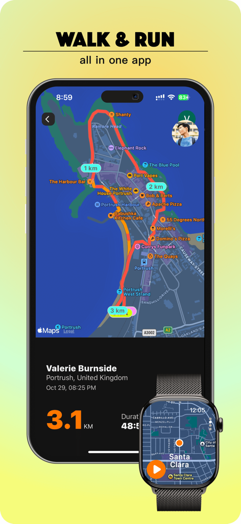 Aplicativo fitAnalytica mostrando rota de caminhada GPS e rastreamento de distância no iPhone e Apple Watch