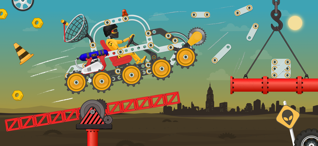 Ein individuelles Metallauto mit mehreren Rädern springt über Hindernisse in einem 2D-Rennspiel für Kinder.