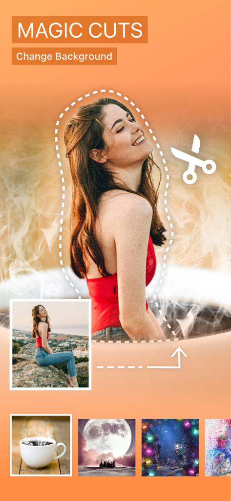 A screenshot of the PicsHub app showing the Magic Cuts feature for easy background removal and replacement.