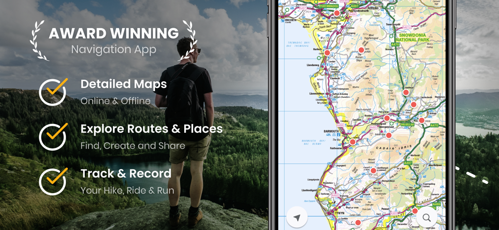 Promotional image for OutDoors GPS showing a hiker overlooking a landscape and a smartphone with a detailed Ordnance Survey map of Snowdonia