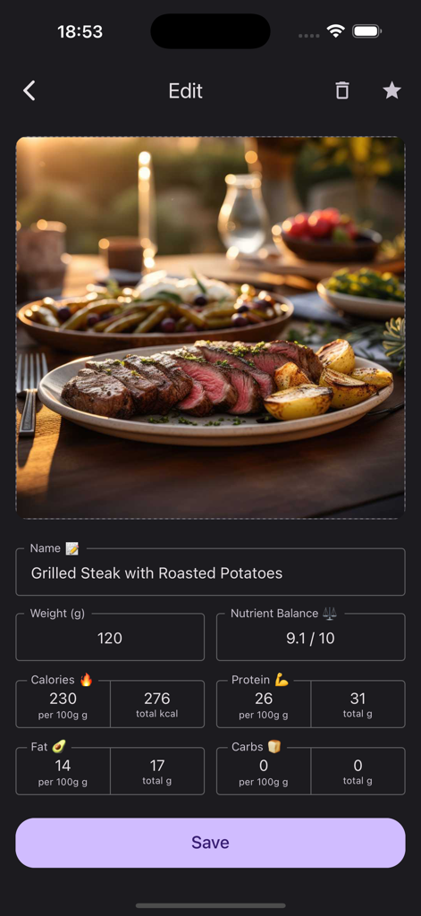 Calorie Counter Photo AI - AI food tracker app showing calorie and macro breakdown for grilled steak and potatoes