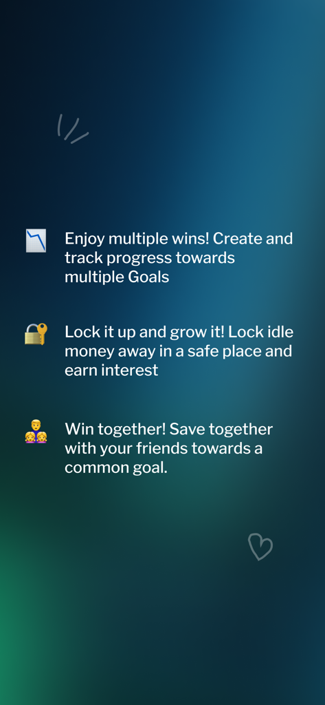 Screenshot dell'app Achieve di Petra che illustra funzionalità finanziarie come monitoraggio degli obiettivi, guadagno di interessi e risparmio di gruppo